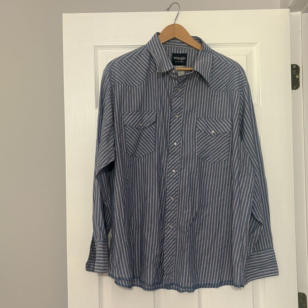 Wrangler Western Shirt Mens XL Blue Stripe Long Sleeve Pearl Snap Retro Pockets